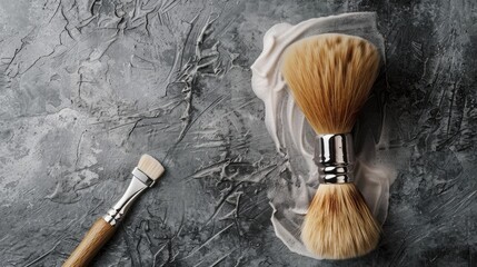 Shaving brush and blade photographed vertically on a soft gray backdrop