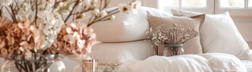Cozy bedroom with soft pillows and dried flowers, featuring a bright and airy atmosphere perfect for relaxation and comfort.