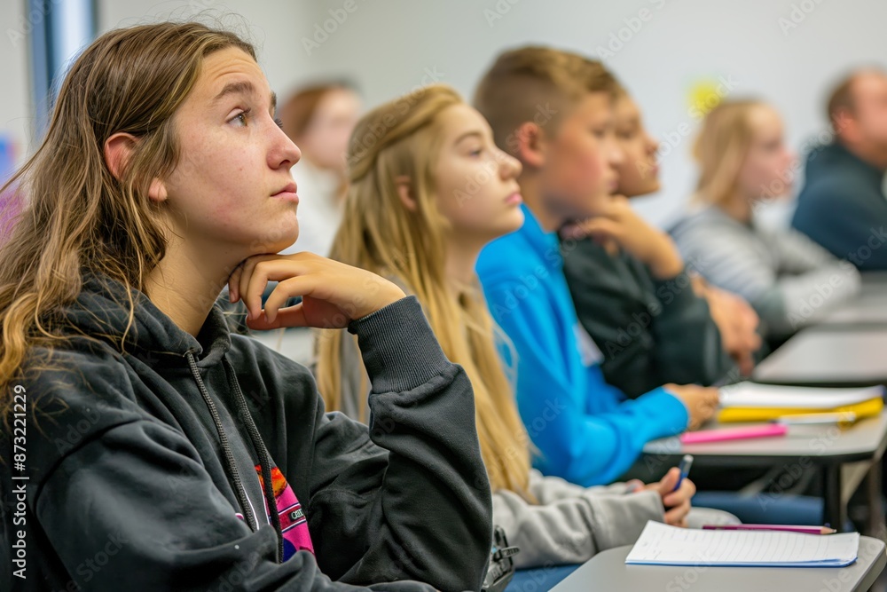 Poster students attentively listen to a lecture in a classroom, writing in their notebooks.