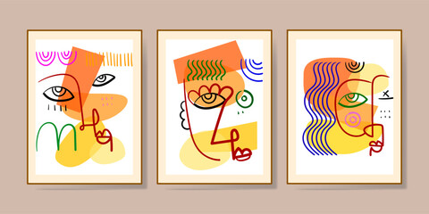 Set of abstract face portraits, shapes, doodle , decorative hand drawn vector illustration wall art. Cubism male and female portrait aesthetic design for poster, cover, decoration,