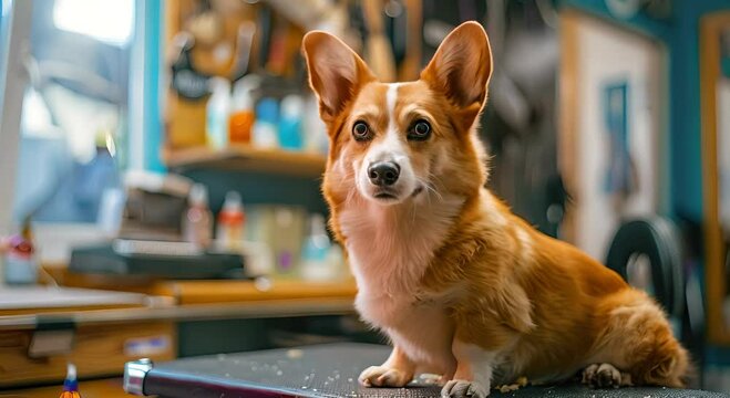 A little corgi dog, cute, in the pet beauty shop, shearing