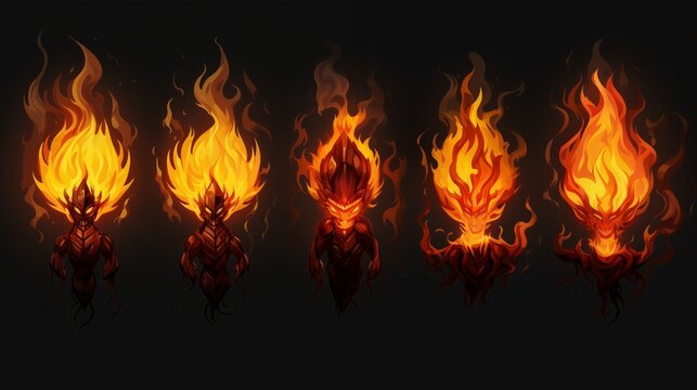 Illustration of Fiery Elemental Characters with Flaming Heads