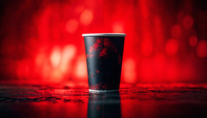 Paper cup over red bokeh background. Black paper coffee cup stained with red stains