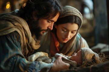 Loving Mary and Joseph in traditional attire gently embracing newborn Jesus in rustic setting. Family bond, nativity scene, parental love, heritage celebration, cultural tradition. © Anna