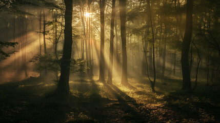 Obraz premium The sun is shining through the trees, casting a warm glow on the forest floor. The light is creating a peaceful and serene atmosphere, making it a perfect place to escape the hustle