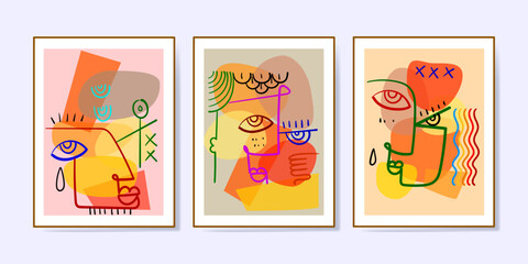 Set of abstract face portraits, shapes, doodle , decorative hand drawn vector illustration wall art. Cubism male and female portrait aesthetic design for poster, cover, decoration,