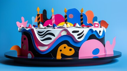 Colorful oddly shaped birthday cake with candles on blue background, joy happiness fun food