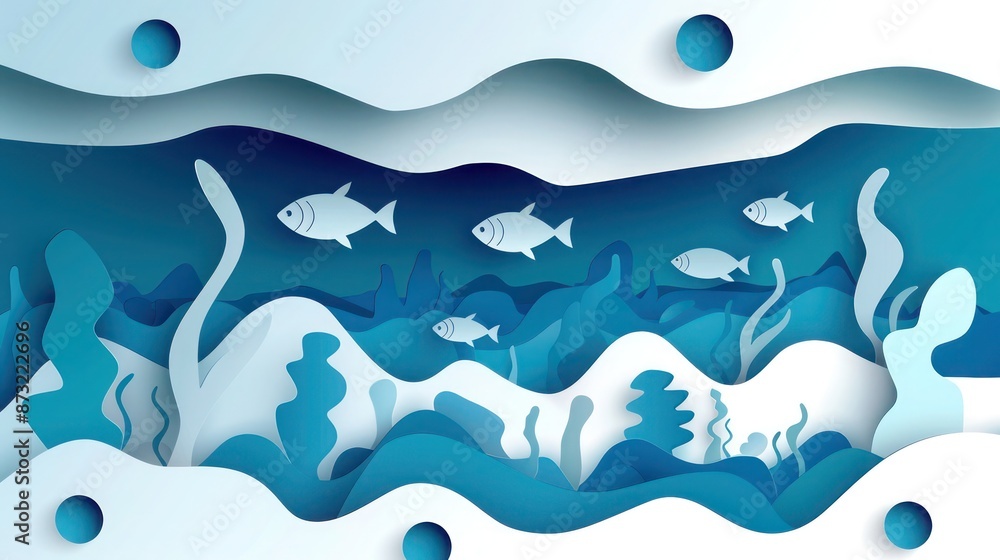 Canvas Prints An artistic paper cut ocean background on white with layered shapes of fishes swimming underwater, creating a tranquil and peaceful scene.