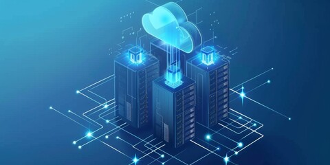 Futuristic Data Center with Vibrant Digital Clouds and Glowing Circuits, Featuring High-Tech Cloud Storage, Computer Networks, Metaverse Connectivity, and a Cutting-Edge AI-Generated Background