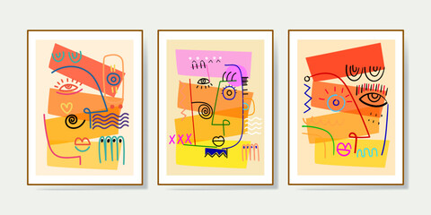 Set of abstract face portraits, shapes, doodle , decorative hand drawn vector illustration wall art. Cubism male and female portrait aesthetic design for poster, cover, decoration,