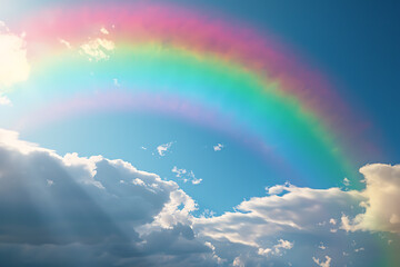 Vivid rainbow arching across the sky, showcasing a full spectrum of colors against a backdrop of clouds, symbolizing beauty and wonder in nature