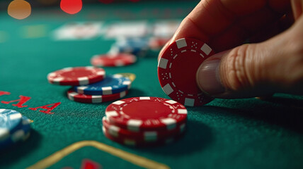 the hand picking chips from casino table with poker chips
