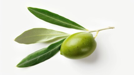 Green olive with a leaf attached, resting on a white background. The olive is plump and has a smooth surface with some minor blemishes, indicating it is likely fresh