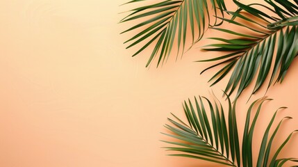 Minimalist summer aesthetic with tropical palm leaves on pastel peach background flat lay design with blank space