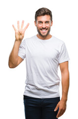 Naklejka premium Young handsome man over isolated background showing and pointing up with fingers number four while smiling confident and happy.
