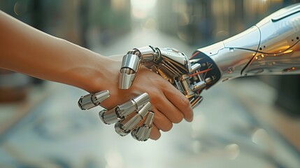 Human shaking hands with a robot, symbolizing the integration of technology and humanity, showcasing a future-oriented concept of cooperation and innovation.