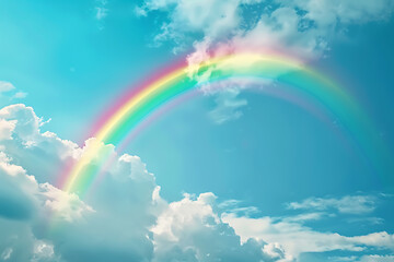 Vivid rainbow arching across the sky, showcasing a full spectrum of colors against a backdrop of clouds, symbolizing beauty and wonder in nature