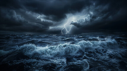 A dark stormy sea with lightning striking in the distance.
