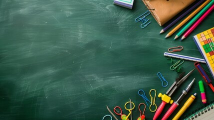 School supply on green chalkboard copy space background