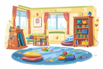 Blue rug and toys scattered in toy-filled playroom. Children's Book Illustration