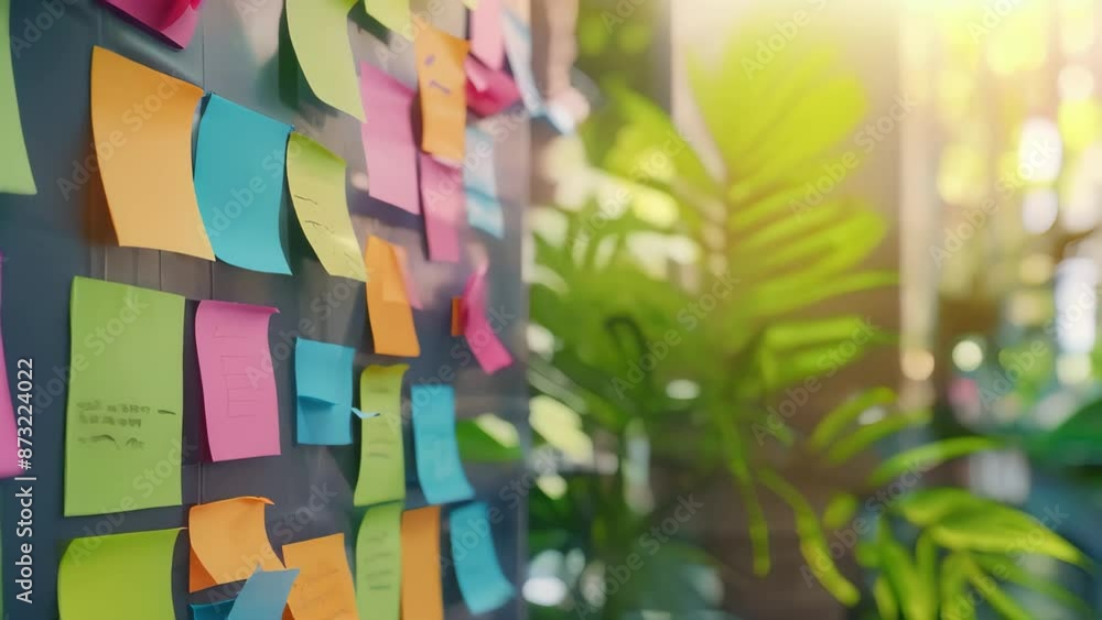 Aufkleber Colorful sticky notes with handwritten messages on a glass wall surrounded by greenery. Creative and dynamic workspace. Ideal for brainstorming sessions and project planning concepts
