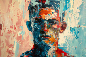 An abstract portrait characterized by broad, bold brushstrokes and a combination of vibrant and muted tones, conveying a sense of mystery and depth.