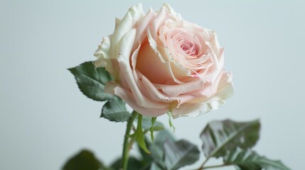A pale pink rose with green foliage on a white backdrop