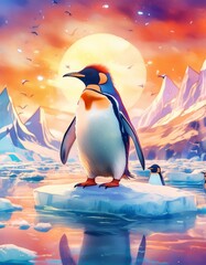A beautiful painting captures the image of penguins standing on icy floes in the vast ocean, blending in with the serene natural environment around them