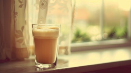 Fresh coffee with milk in a glass toned photograph