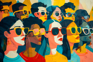 A colorful artwork showing a crowd of individuals, each wearing sunglasses, reflecting contemporary...