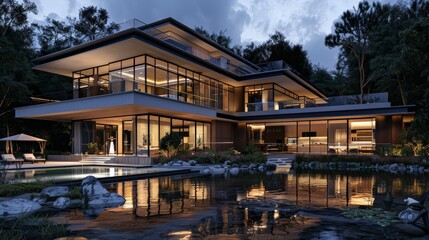 Obraz premium 3d rendering of modern house by the river at morning, house, luxury, villa, modern, architecture, building, exterior, residential, property, designer