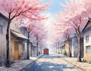 Cherry Blossom Streets landscape anime style
