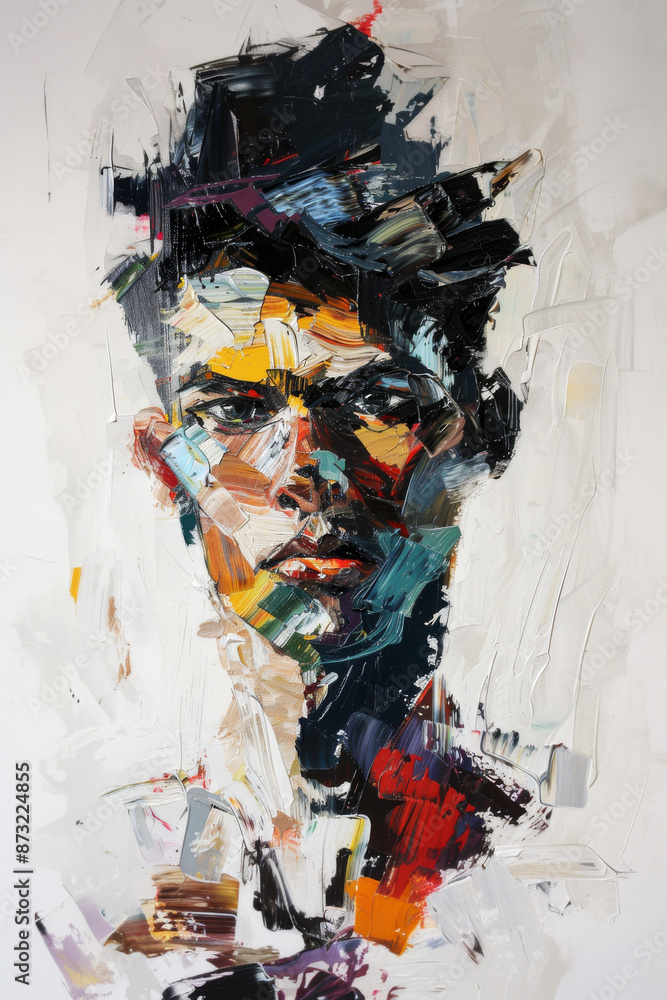 Poster a dynamic abstract portrait with heavy use of textured paint, creating a visually striking compositi