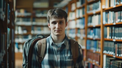 Handsome Smile student man with backpack and books in library, education, university, cheerful, college, happy, standing, school, backpack, attractive, enjoyment, confidence