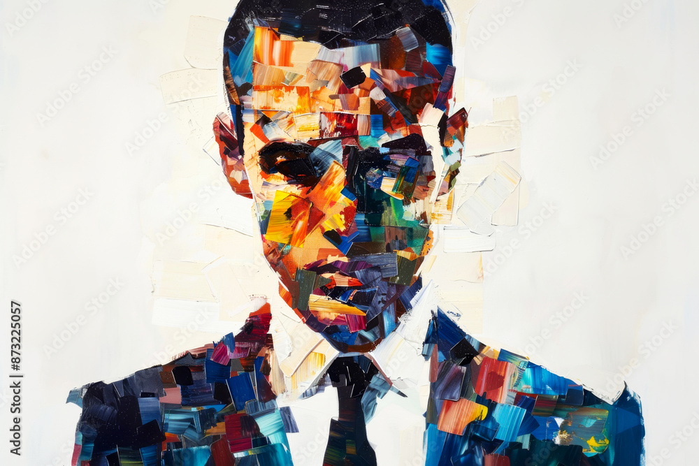 Poster a geometrically abstract portrait of a person in a suit, with colorful, textured patterns defining t