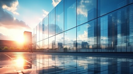 Modern office building or business center. High-rise window buildings made of glass reflect the clouds and the sunlight. empty street outside  wall modernity civilization. growing up business