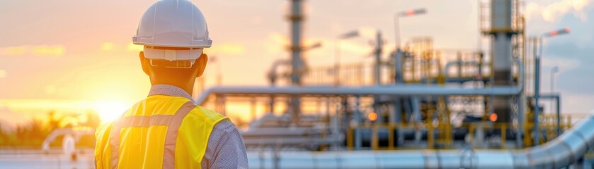 Obraz premium Engineer in safety vest and helmet inspects oil and gas refinery at sunset, focusing on industrial equipment and infrastructure.