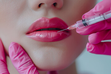 Lip augmentation and correction procedure in a cosmetology salon. The specialist makes an injection in the patient's lips