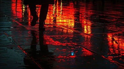 Fiery reds and oranges dancing across a shadowy stage, casting dramatic reflections on the wet pavement below, like embers in the darkness.