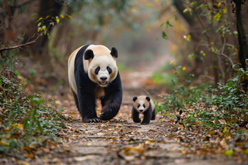 Naklejka premium A big panda with a baby panda walking through the forest