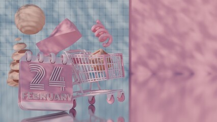 3D Abstract Pink Calendar for February 24 with Shopping Cart