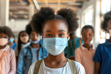 A group of diverse children wearing face masks and standing in a line, with a young girl in the foreground looking directly at the camera in a school setting..