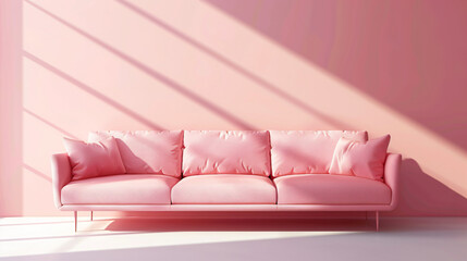 pink sofa in front of pink wall with sun rays.3d rendering illustration, Isolated on pastel background + professional lighting , soft shadows, clean sharp focus +20mm lens + light bloom highlights


