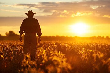 Fototapeta premium A cowboy wandering through a sunlit field during a serene evening.