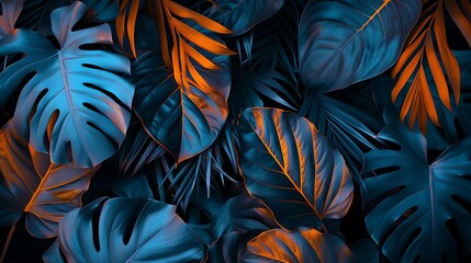 Fluorescent blue and orange tropical leaves in a simple, elegant layout, ultra HD,