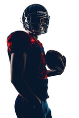 Silhouette of a football player holding a ball, dressed in red and blue uniform, against a white background.
