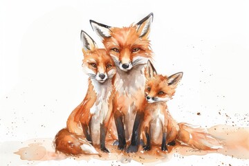 A watercolor painting of a mother fox and two kits sitting together. Children's Book Illustration