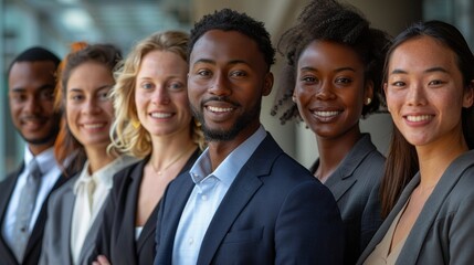 Fototapeta premium Portrait of successful group of business people at modern office looking at camera. Portrait of happy businessmen and satisfied businesswomen standing as a team. Multiethnic group of people smiling.