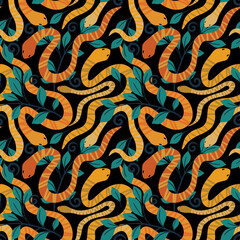 Seamless snakes pattern. Halloween snake print.  Snake on background with forest leaves. Witchcraft, mystic, boho design. Perfect for fabric, wrapping, packaging, stationary, wallpaper design.