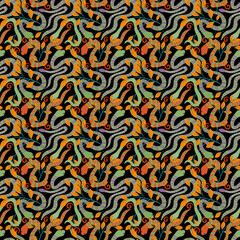 Seamless snakes pattern. Halloween snake print.  Snake on background with forest leaves. Witchcraft, mystic, boho design. Perfect for fabric, wrapping, packaging, stationary, wallpaper design.